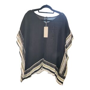 Black Sheer Blouse with Patterned Trim
